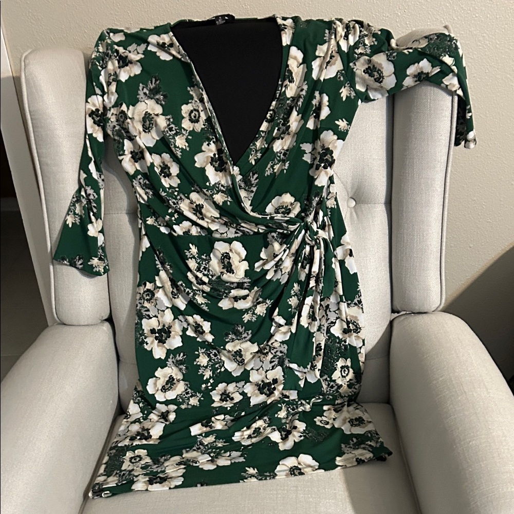 INC International Concepts Black Lined Dress with Green Floral Trim